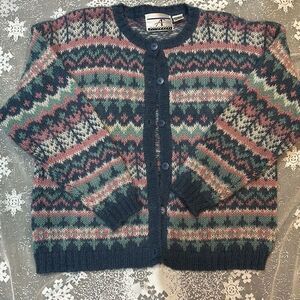 Accordeon Vintage Country Sampler Mohair blend Cardigan Sweater Lg Pastel